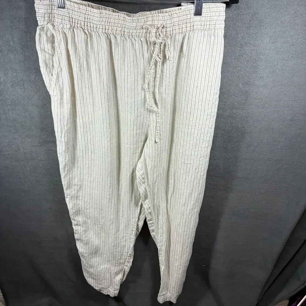 H&M women‎ linen pants xxl white pinstripe coastal beachy vacation pockets